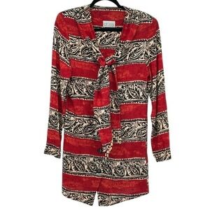 Kelly Stevens Vintage Dress‎ Paisley Print Tie Neck Beads Red Beige SZ S/M